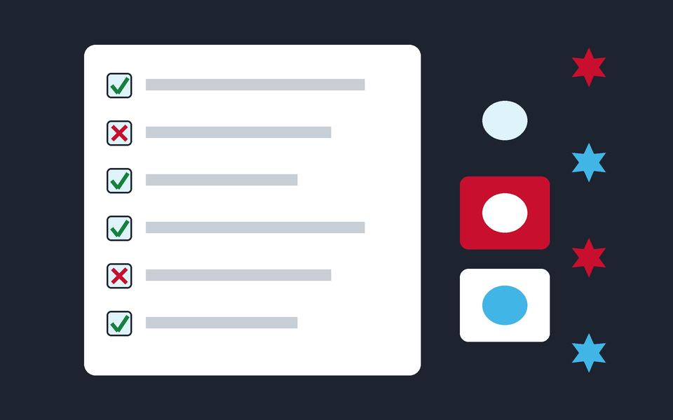 Illustration: an audit checklist with passing and failing items next to color contrast swatches