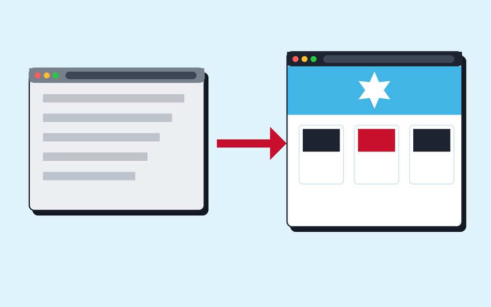 Illustration: an old gray website layout with a red arrow pointing to a new WordPress site