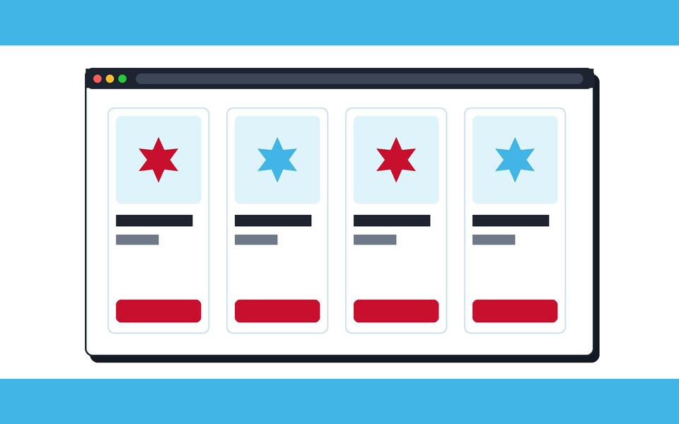 Illustration: an online storefront with four product cards and red buy buttons